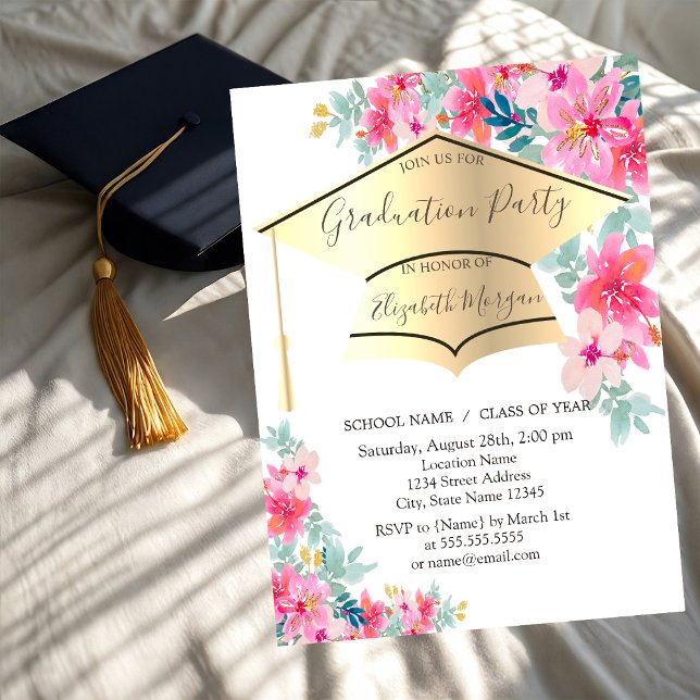 Convites Tampa de Graduação Dourada Flores de Primavera Gra (Criador carregado)