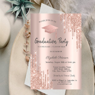 Convites Tampa de Graduação em Rose Gold com Pingos de Glit