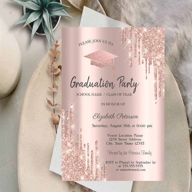 Convites Tampa de Graduação em Rose Gold com Pingos de Glit (Criador carregado)