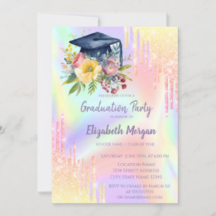 Convites Tampa de Graduação Floral, Efeito Ombre Holográfic