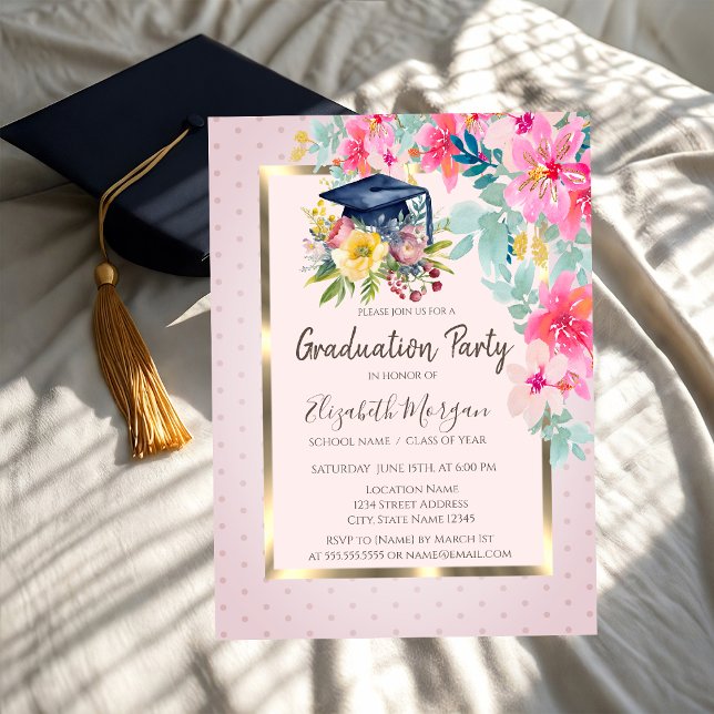 Convites Tampa de Graduação Floral em Aquarela Pontos Gradu (Criador carregado)