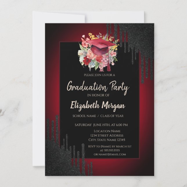 Convites Tampa de Graduação Floral, Preto Gotejamento Verme (Frente)