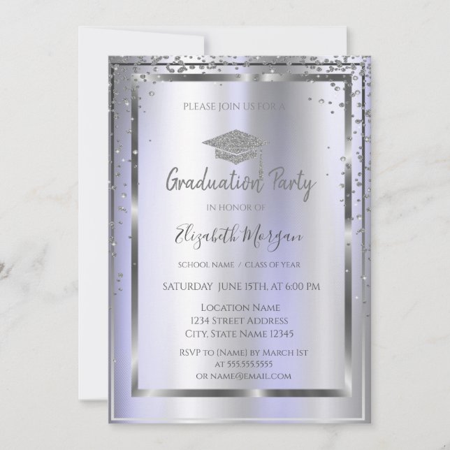 Convites Tampa de Graduacao Prateada Diamantes Violeta (Frente)