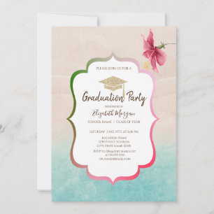 Convites Tampa de Gradução Brilhante Hibisco Praia Graduaçã