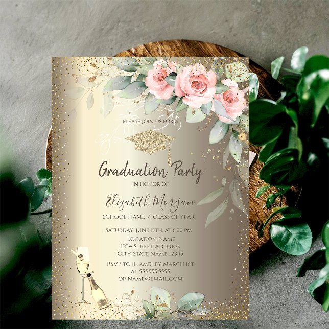 Convites Tampa de Gradução, Taça de Vinho, Flores Boho Grad (Criador carregado)