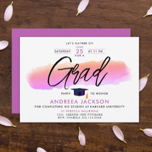 Convites Tampa Rosa Roxo Grad Cap Script Caligrafia Ousada 