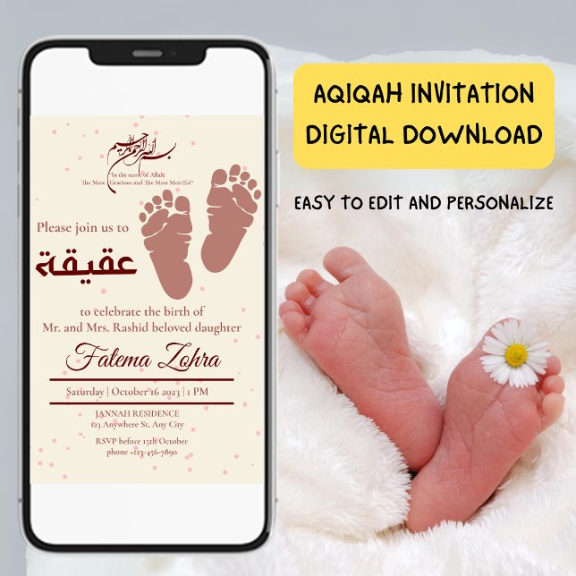 Convites Tampão NewbornBaby Girl Muslim Aqiqah Aqeqa (Footprint NewbornBaby Girl Muslim Aqiqah Aqeeqa Invitation)