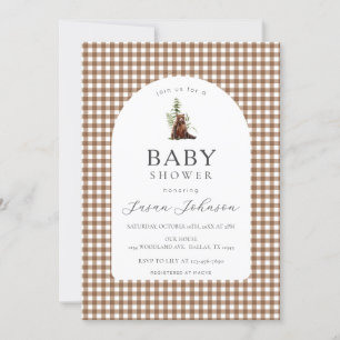 Convites Tan Brown Check Xadrez Gingham Boy Bear Chá de fra