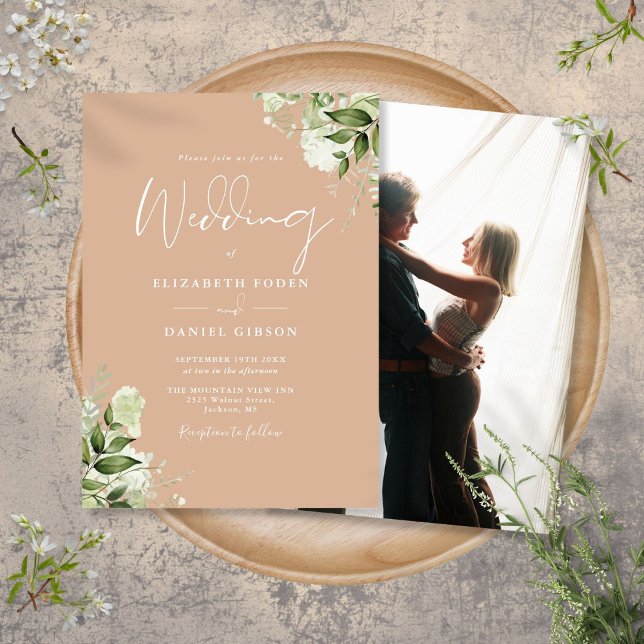Convites Tan Elegante Flora Verde Foto Casamento  (Tan Elegant Greenery Floral Photo Wedding Invitation)