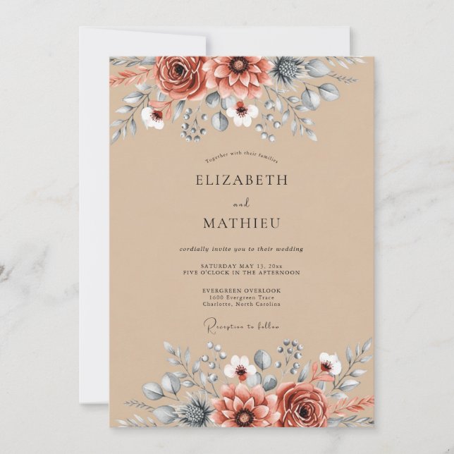 Convites Tan Rustic Botanical Autumn Wedding (Frente)