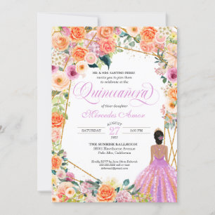 Convites Tangerina Laranja Pêssego Rosas Quinceanera Inv