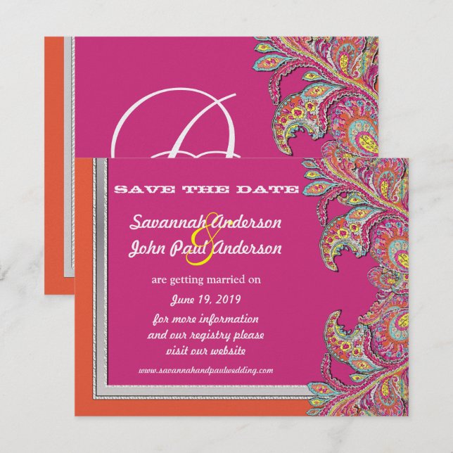Convites Tangerina Prateada e Casamento Fuchsia Salve a Dat (Frente/Verso)