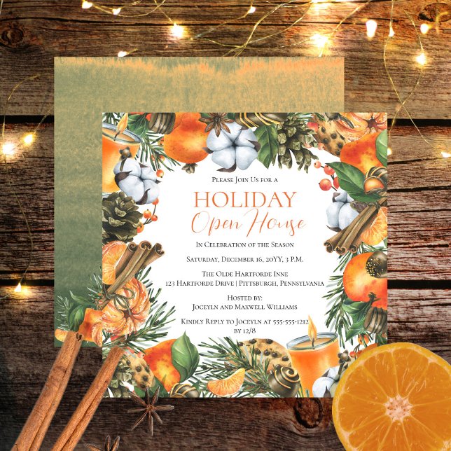 Convites Tangerinas e Pine Natal Casa Aberta (Tangerines and Pine Christmas Holiday Open House Invitation)