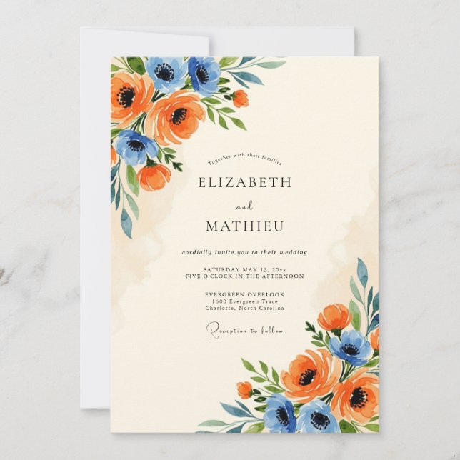 Convites Tangerine Cornflower Blue Scenic Spring Wedding (Frente)