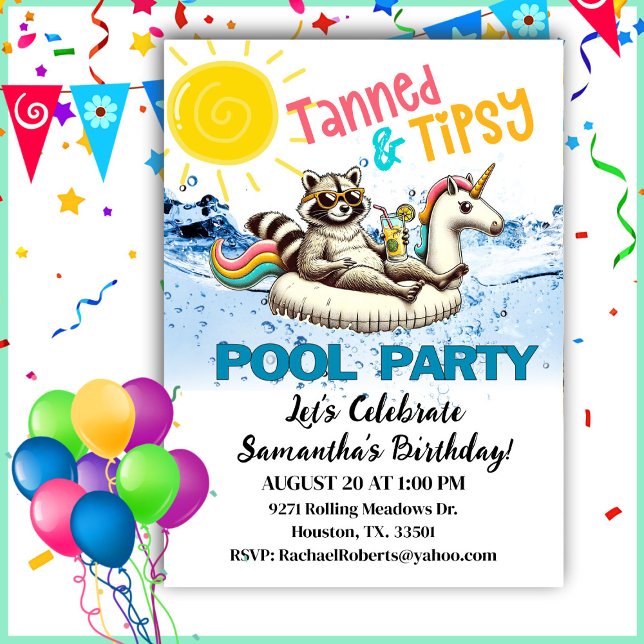 Convites Tanned & Tipsy Raccoon Birthday Pool Party (Criador carregado)