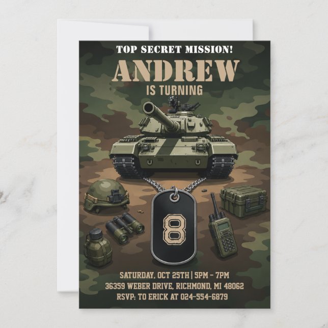 Convites Tanque Militar do Exército Pessoal Aniversário (Frente)