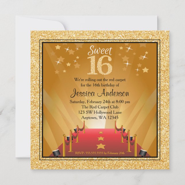 Convites Tape Vermelho Estrela de Hollywood Dourado Anivers (Frente)