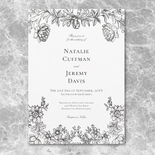 Convites Tapeçaria Floral Preto e Branco Vintage para Casam