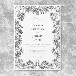 Convites Tapeçaria Floral Preto e Branco Vintage para Casam