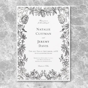 Convites Tapeçaria Floral Preto e Branco Vintage para Casam