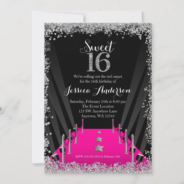 Convites Tapete Rosa Hollywood Silver Glitter Sweet 16 (Frente)