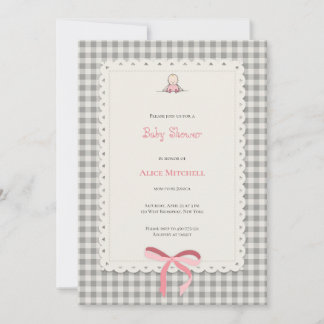 Convites tarjeta baby shower gigham en rosa