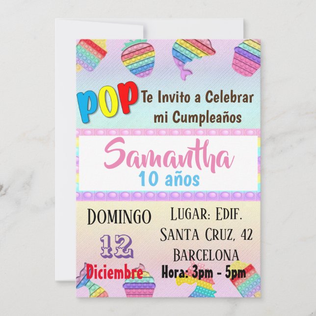 CONVITES TARJETA INVITACION CUMPLEAÑOS POP IT PARTE ANIVERS (Frente)