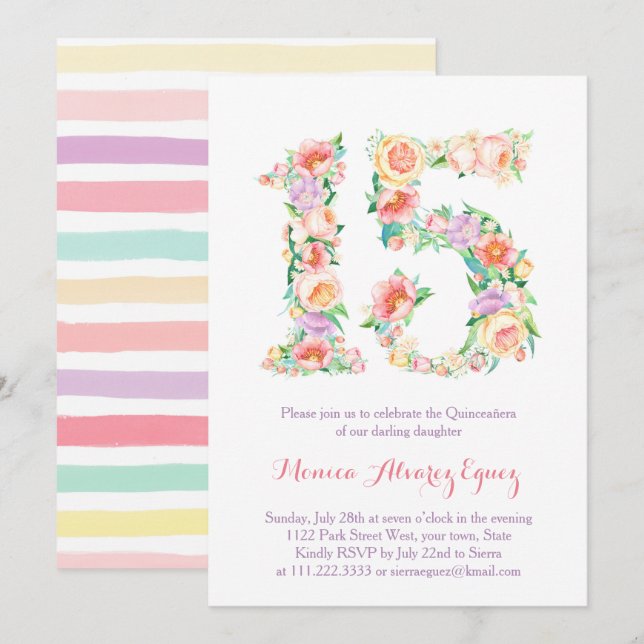 Convites Tarjetas de Fiesta de Quince años, flores (Frente/Verso)