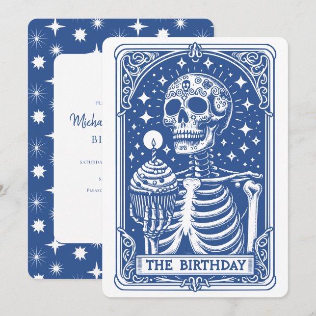 Convites Tarot Skeleton Blue Birthday (Frente/Verso)