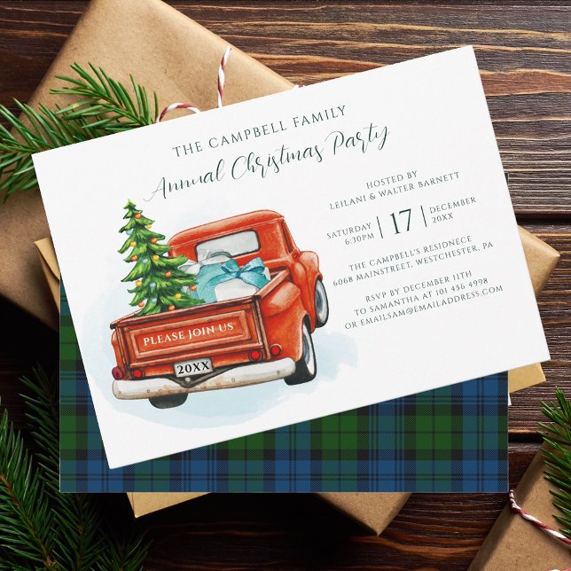 Convites Tartan do Partido de Natal Russo da xadrez (Plaid Christmas Invitation with Red Truck)