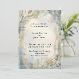 Convites Tartan Oval de Cardo Botânico Dourado Casamento Es