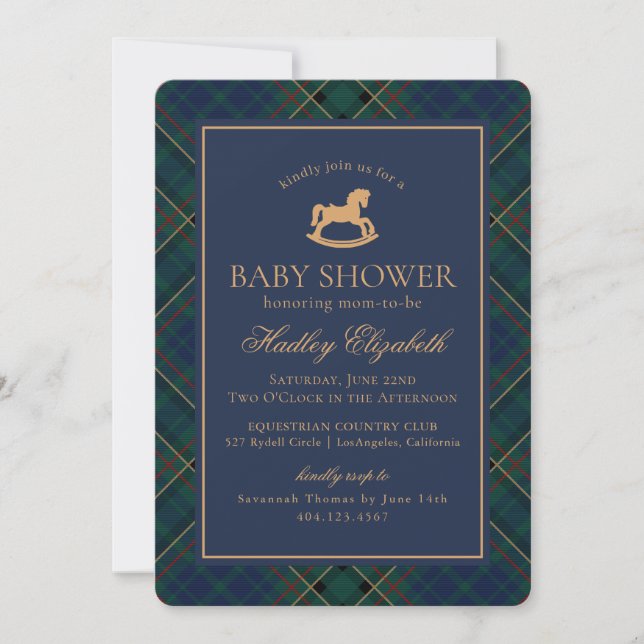 Convites Tartan Plaid Cavalinho de Balanço Clássico Chá de  (Frente)