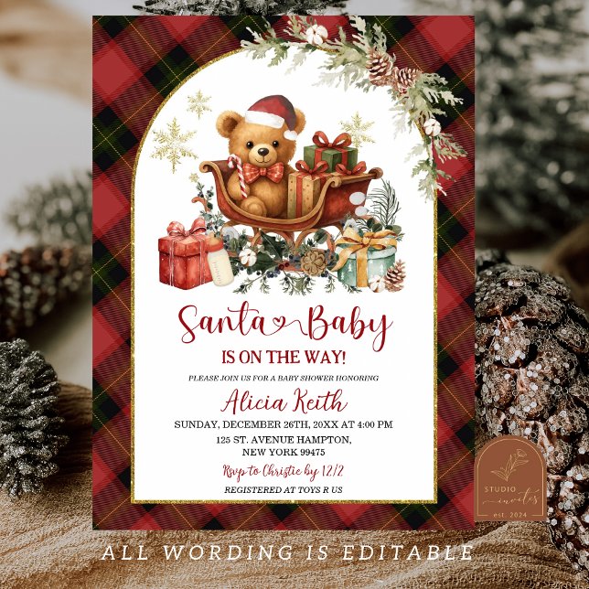 Convites Tartan Red Christmas Santa Bear Baby Shower  (Criador carregado)
