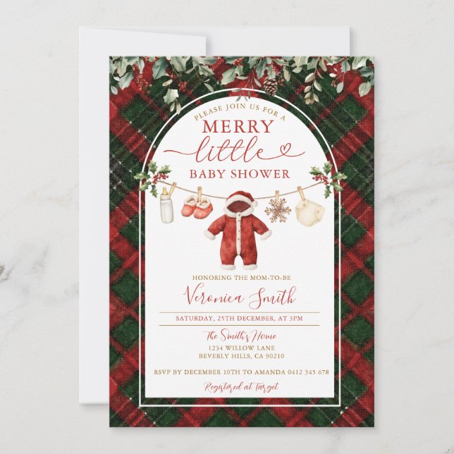 Convites Tartan Santa Clothesline Merry Little Baby Shower (Frente)