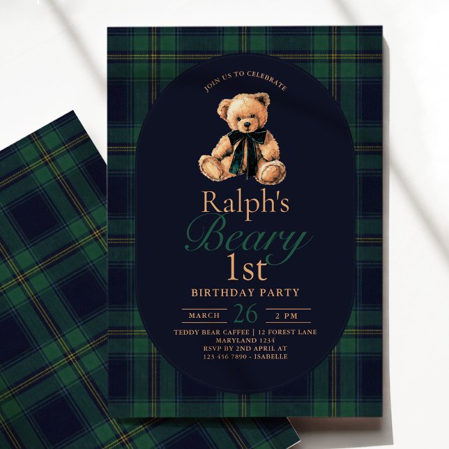 Convites Tartan Teddy Bear 1st Birthday (Criador carregado)