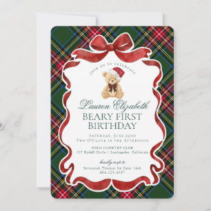 Convites Tartan Verde Xadrez Natal Beary Primeiro Aniversár