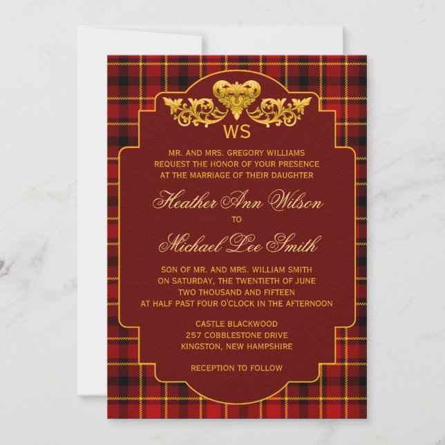 Convites Tartan Wedding Red Black Dourado Xadrez Cores Padr (Frente)