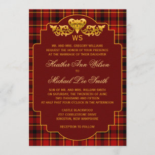 Convites Tartan Wedding Red Black Dourado Xadrez Cores Padr