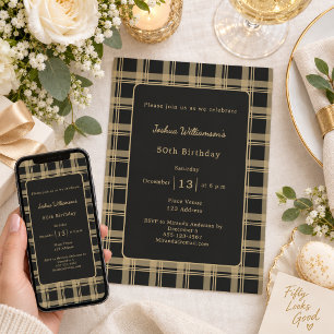 Convites Tartan Xadrez Preto Dourado Aniversário