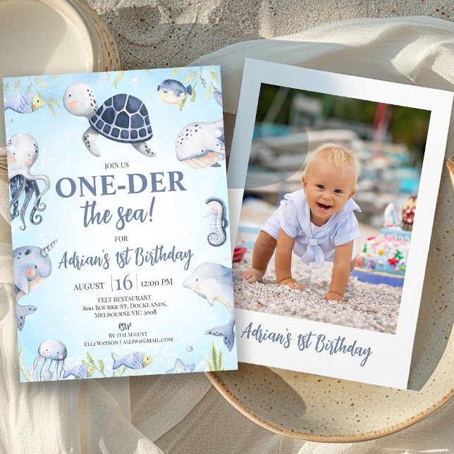 Convites Tartaruga Azul do Mar de Foto Um Dó O primeiro ani (Boys Oneder the Sea First Birthday Invitation with Photo on the Back, Navy Blue One-der the Sea )