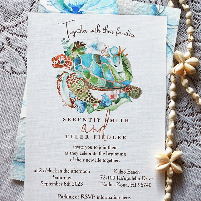 Convites Tartaruga-do-mar, Casamento Verde Azul Tropical (Watercolor Sea Turtle Wedding Invitation for Sea Blue, Green, Brown Island Color Theme)