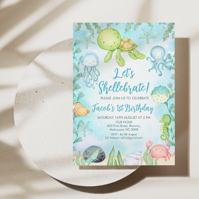 Convites Tartaruga-do-mar-de-abóbora sob o aniversário do m (Let's Shellebrate 1st Birthday Invitation Template, Under the Sea Birthday Invitation Boy, Turtle)