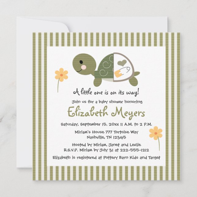 Convites Tartaruga No Fralda Baby Shower Invances Verde (Frente)