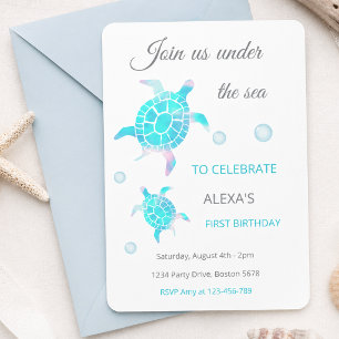 Convites Tartaruga Sob a Água Aquarela 1º Aniversário