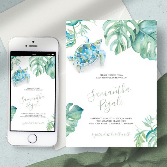 Convites Tartaruga Tropical Monstera Deixa Chá de fraldas (Tropical baby shower invitation sea turtle virtual digital download art by Victoria Grigaliunas)