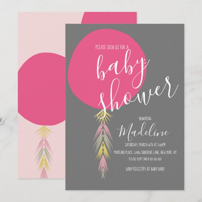 Convites Tassel Boho Balão para Chá de Bebê Menina (Frente/Verso)