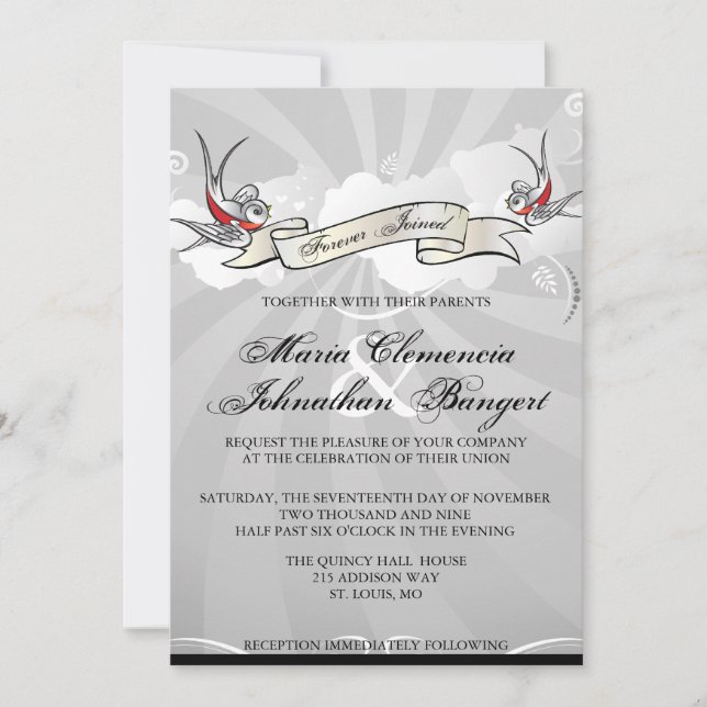 Convites Tattoo Rockabilly Swallow Bird Weding Invitation (Frente)