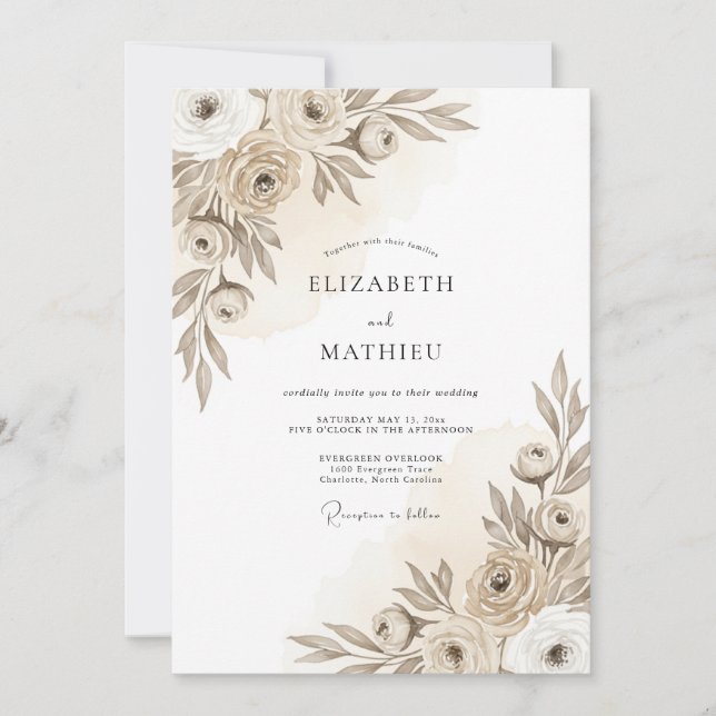 Convites Taupe Artistic Floral Romance Wedding (Frente)