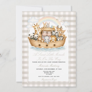 Convites Taupe beige gingham Noah’s Ark Baby Shower 