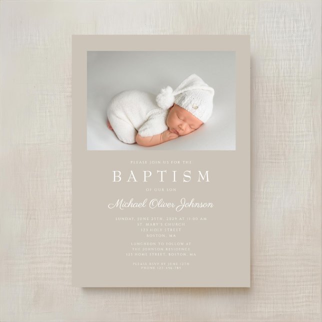 Convites Taupe Beige Modern Photo Baptism (Taupe Beige Modern Photo Baptism Invitation)